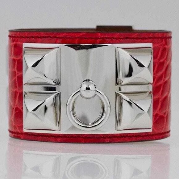 Hermes Geranium Shiny Lisse Alligator Palladium Plated Collier de Chien Cuff - Picture 2 of 8